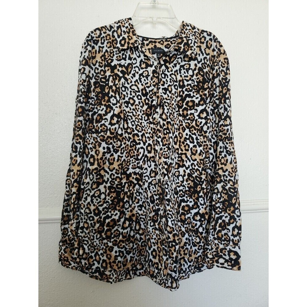 Talbots Womens XL Leopard Print Button Down Shirt Long Sleeve 100% Cotton Brown